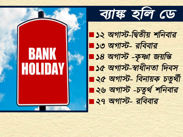 কাজ থাকলে সময়ে সেরে ফেলুন, অগাস্ট-এ এই পর পর দিনগুলিতে ছুটি থাকবে ব্যাঙ্ক কাজ থাকলে সময়ে সেরে ফেলুন, অগাস্ট-এ এই পর পর দিনগুলিতে ছুটি থাকবে ব্যাঙ্ক